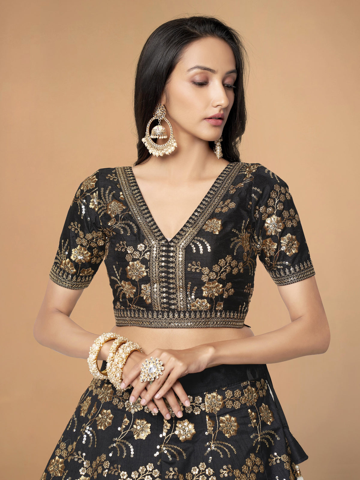 Black and Gold Floral Embroidered Lehenga Choli with Dupatta