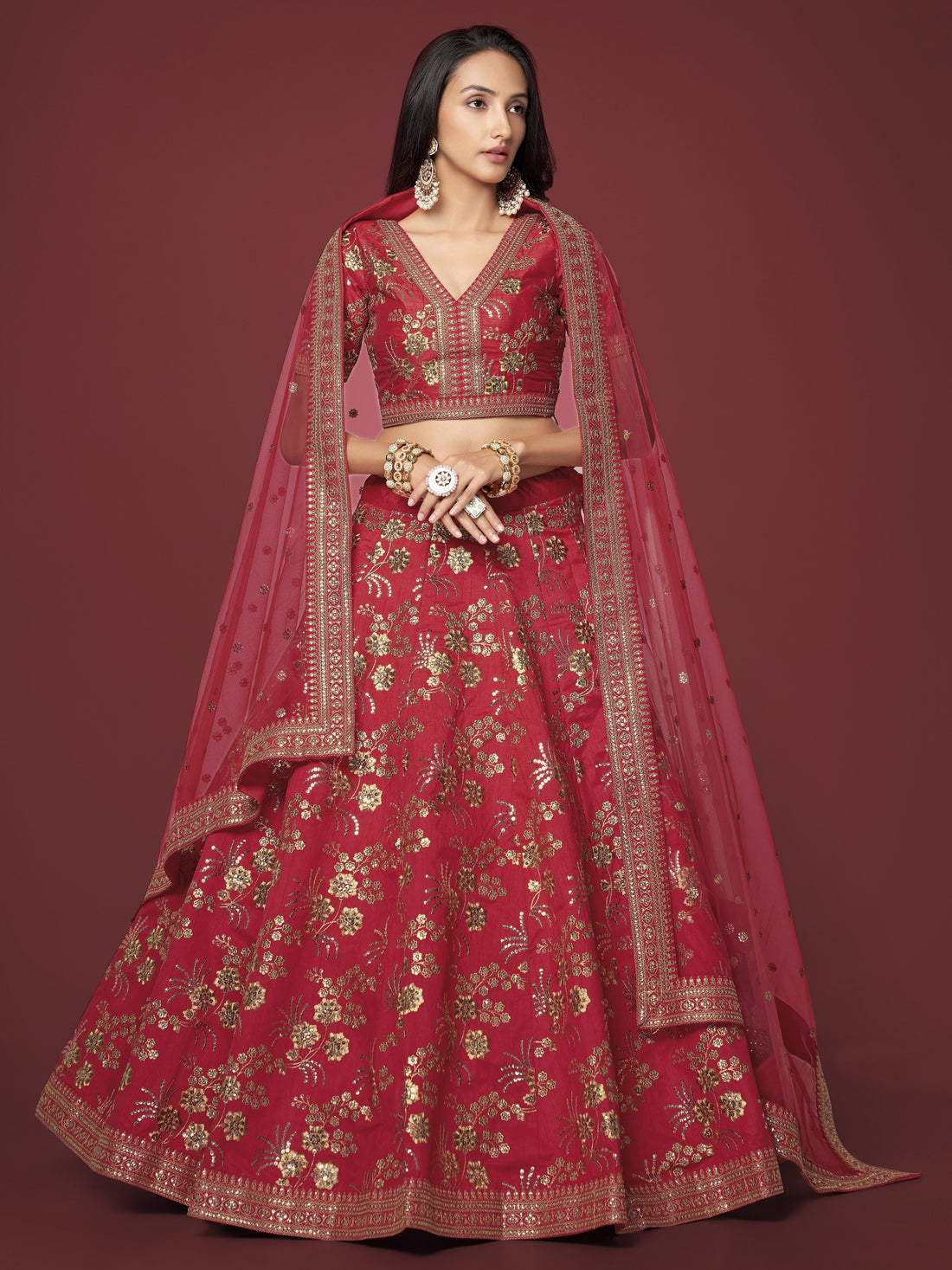 Maroon Red and Gold Floral Embroidered Lehenga Choli with Dupatta