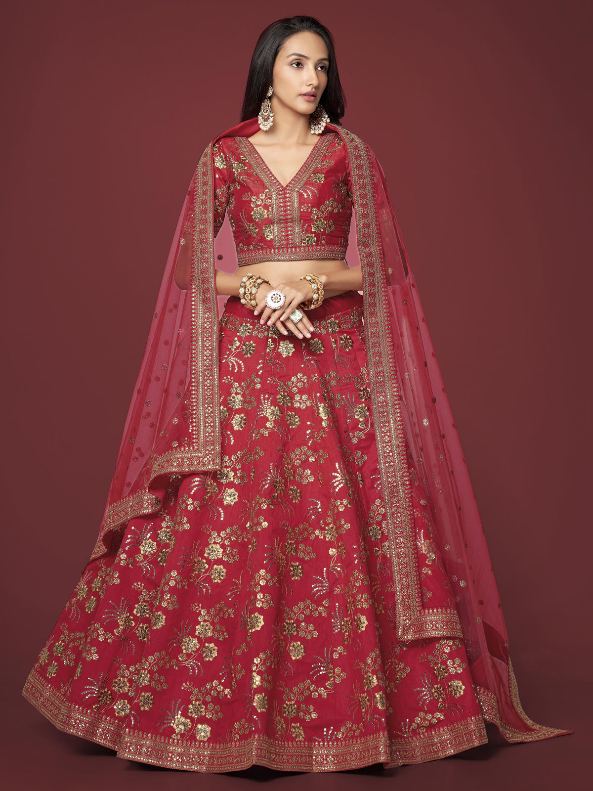 Maroon Red and Gold Floral Embroidered Lehenga Choli with Dupatta