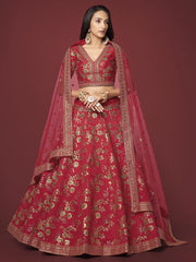 Maroon Red and Gold Floral Embroidered Lehenga Choli with Dupatta