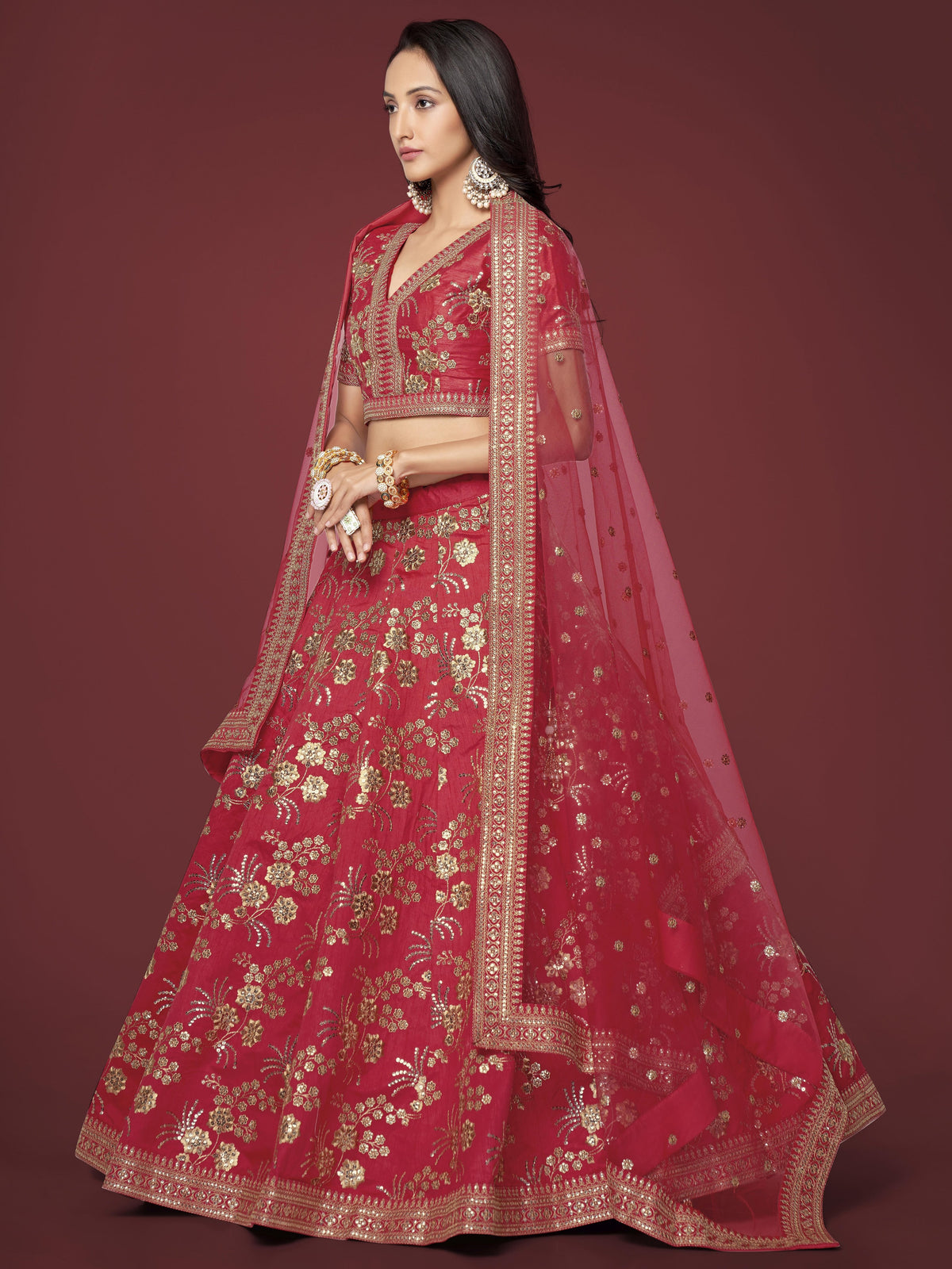 Maroon Red and Gold Floral Embroidered Lehenga Choli with Dupatta