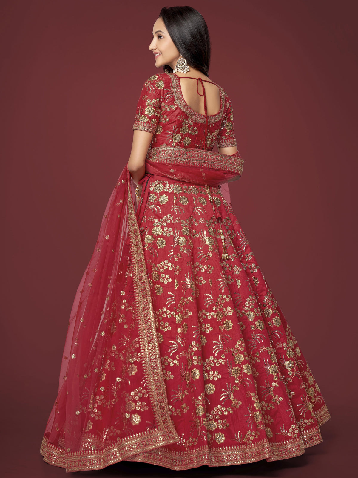 Maroon Red and Gold Floral Embroidered Lehenga Choli with Dupatta