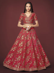 Maroon Red and Gold Floral Embroidered Lehenga Choli with Dupatta