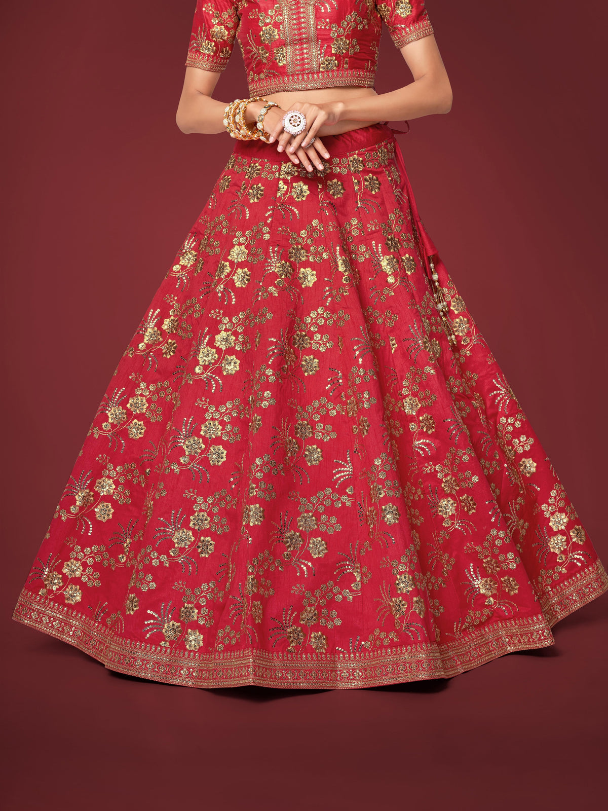 Maroon Red and Gold Floral Embroidered Lehenga Choli with Dupatta