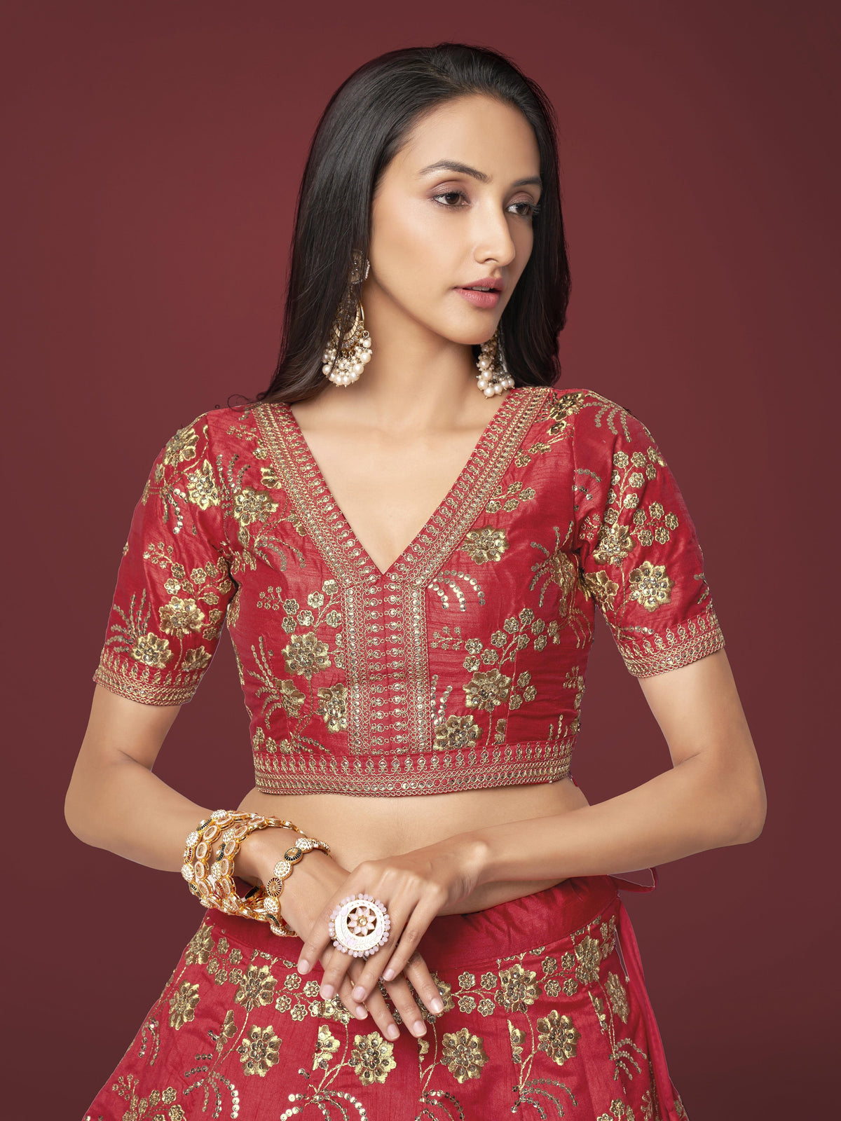 Maroon Red and Gold Floral Embroidered Lehenga Choli with Dupatta