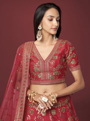 Maroon Red and Gold Floral Embroidered Lehenga Choli with Dupatta
