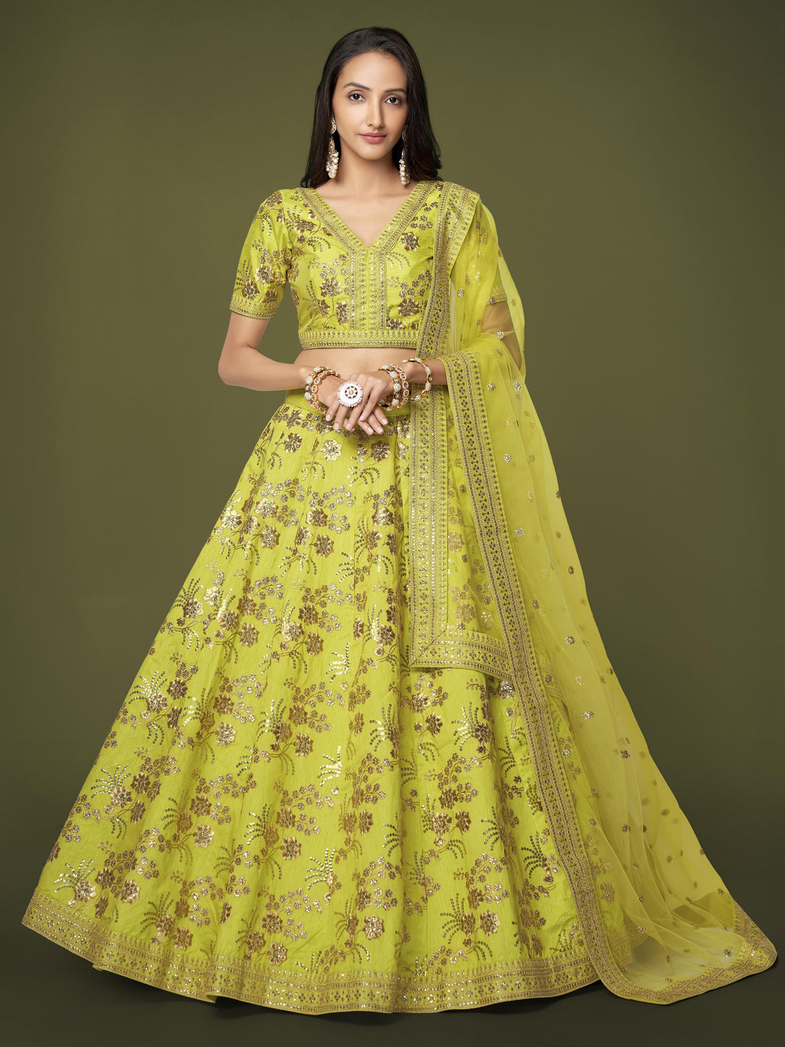 Lime Green Floral Embroidered Lehenga Choli with Dupatta