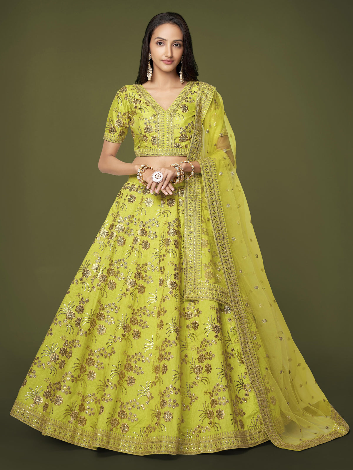 Lime Green Floral Embroidered Lehenga Choli with Dupatta