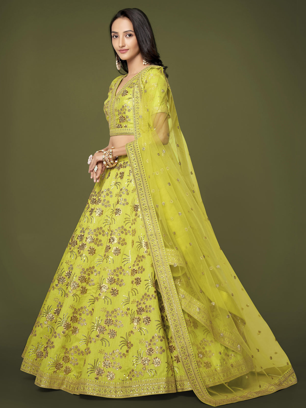 Lime Green Floral Embroidered Lehenga Choli with Dupatta