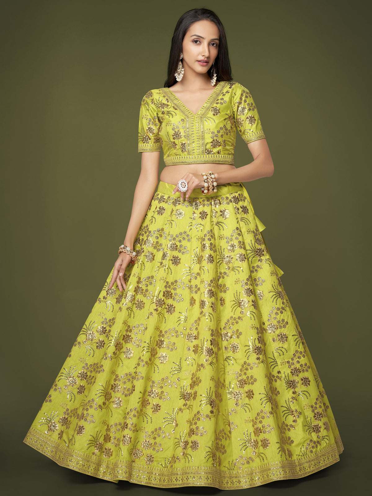 Lime Green Floral Embroidered Lehenga Choli with Dupatta