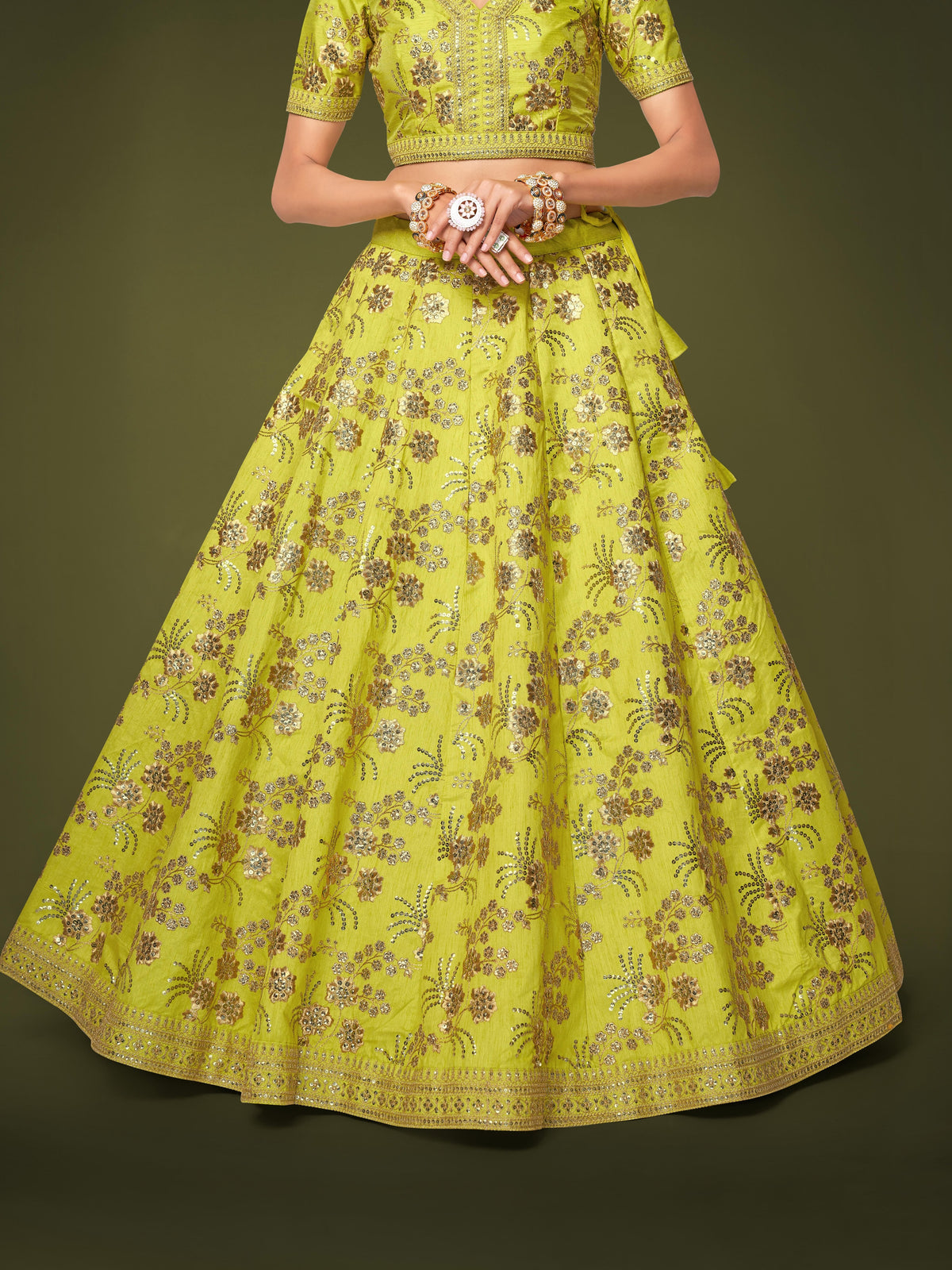 Lime Green Floral Embroidered Lehenga Choli with Dupatta