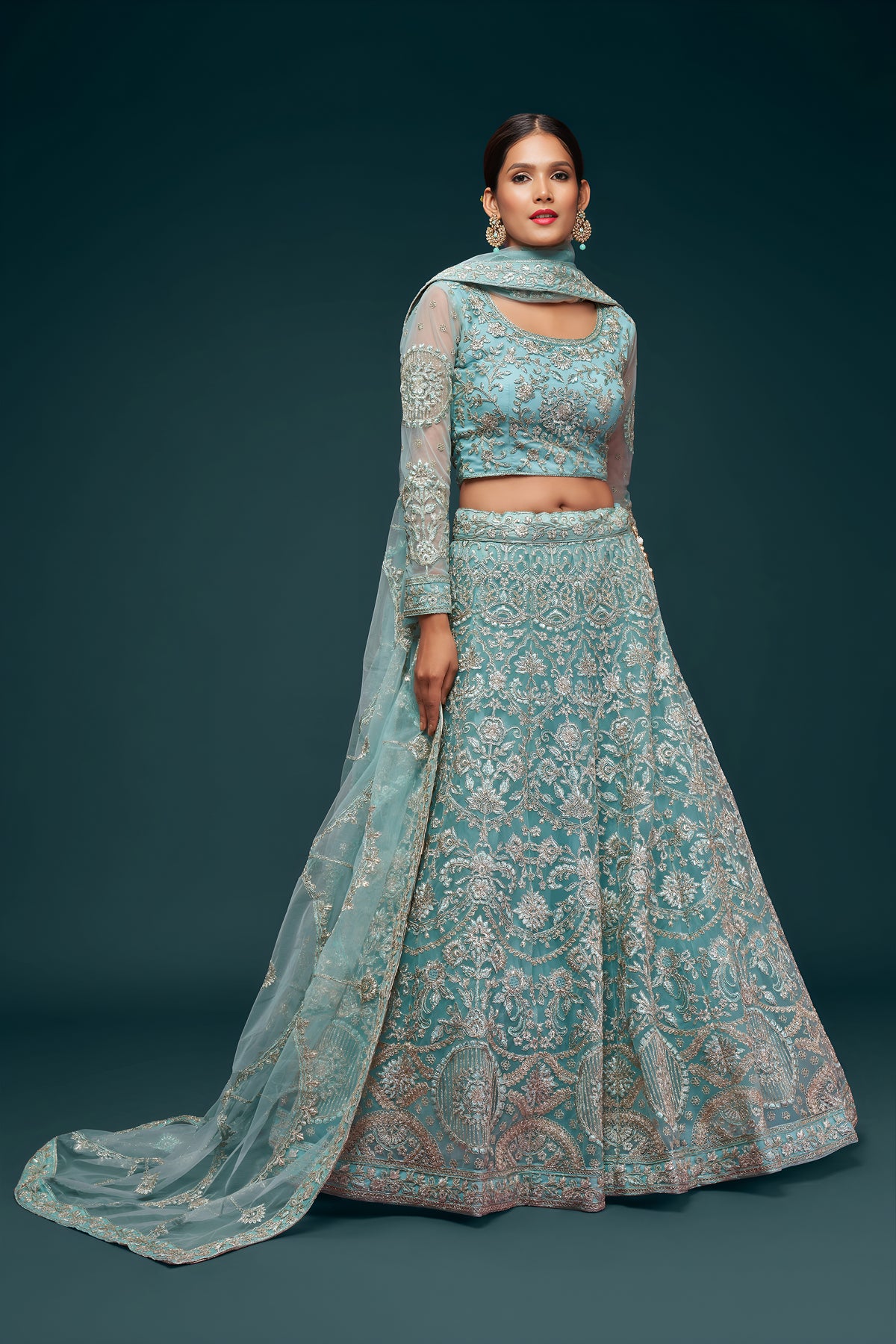 Ice Blue Heavy Embroidered Bridal Lehenga Choli with Dupatta