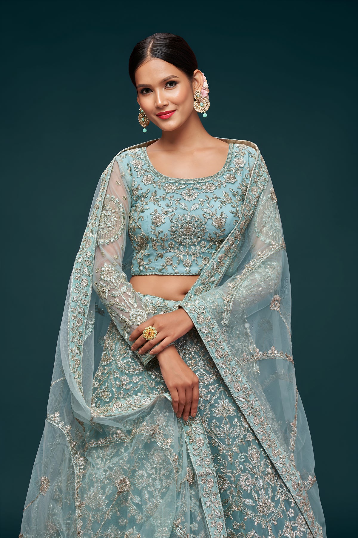 Ice Blue Heavy Embroidered Bridal Lehenga Choli with Dupatta