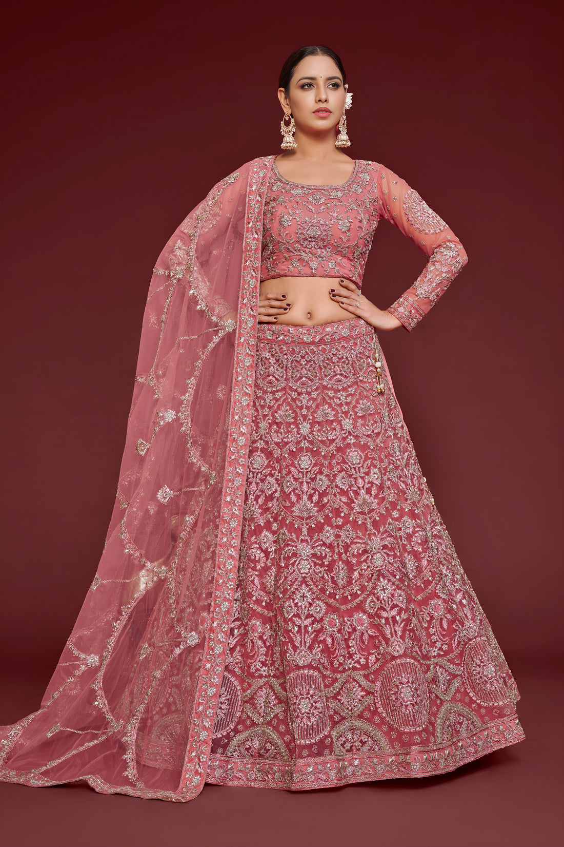 Dusty Rose Heavy Embroidered Bridal Lehenga Choli with Dupatta