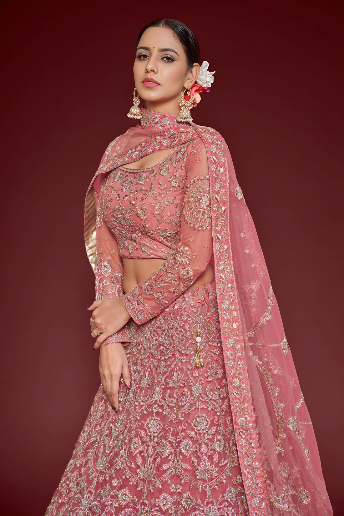 Dusty Rose Heavy Embroidered Bridal Lehenga Choli with Dupatta