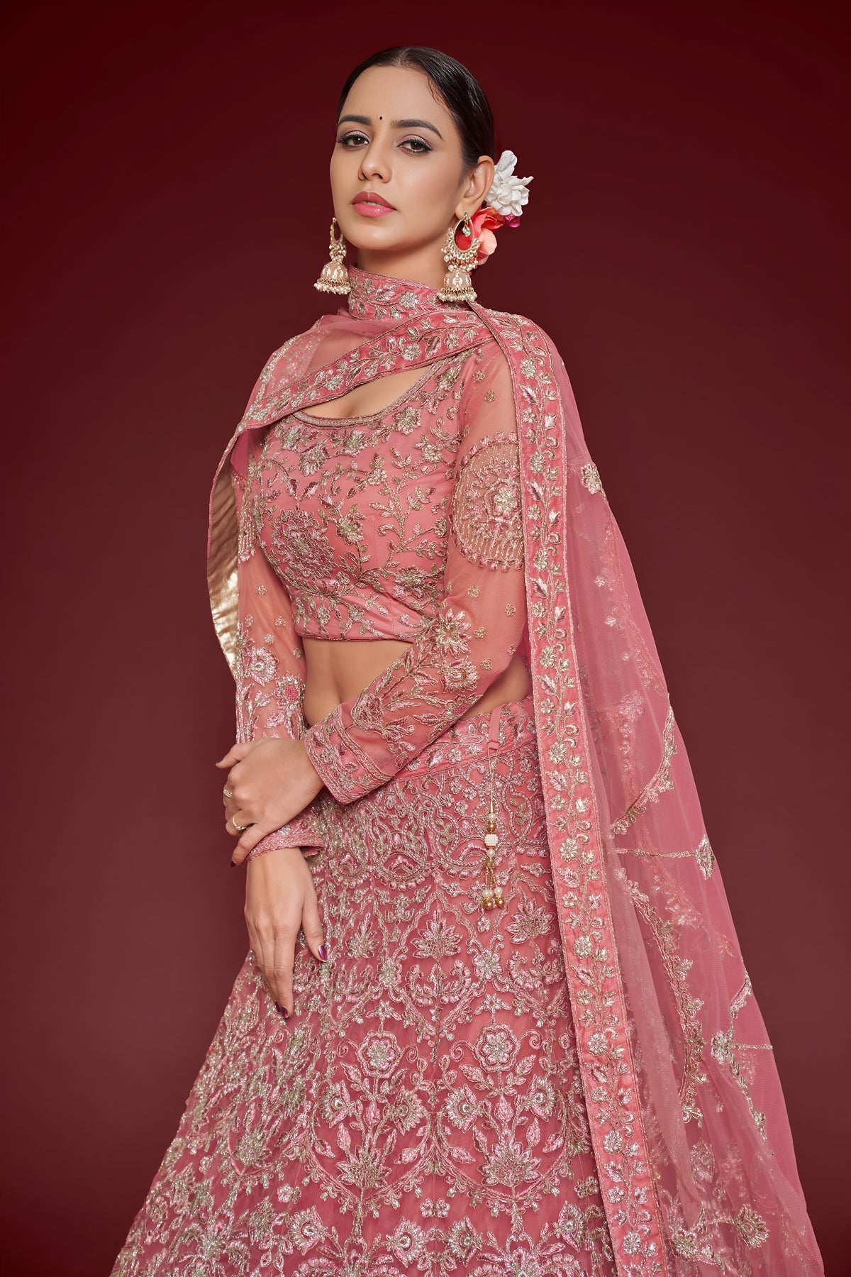 Dusty Rose Heavy Embroidered Bridal Lehenga Choli with Dupatta