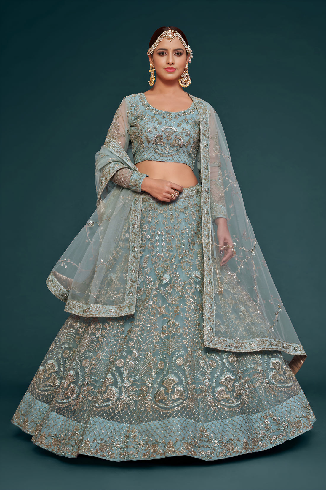 Dusty Blue Heavy Embroidered Bridal Lehenga Choli with Dupatta