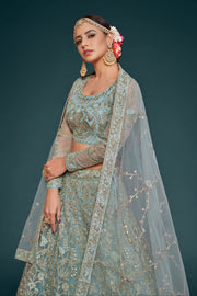 Dusty Blue Heavy Embroidered Bridal Lehenga Choli with Dupatta
