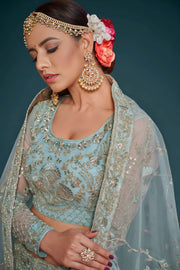 Dusty Blue Heavy Embroidered Bridal Lehenga Choli with Dupatta