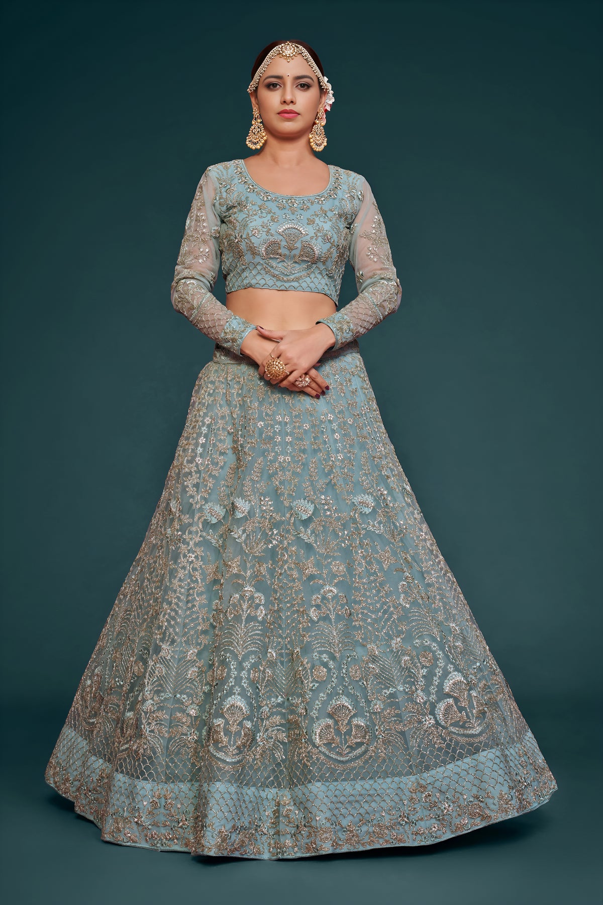 Dusty Blue Heavy Embroidered Bridal Lehenga Choli with Dupatta