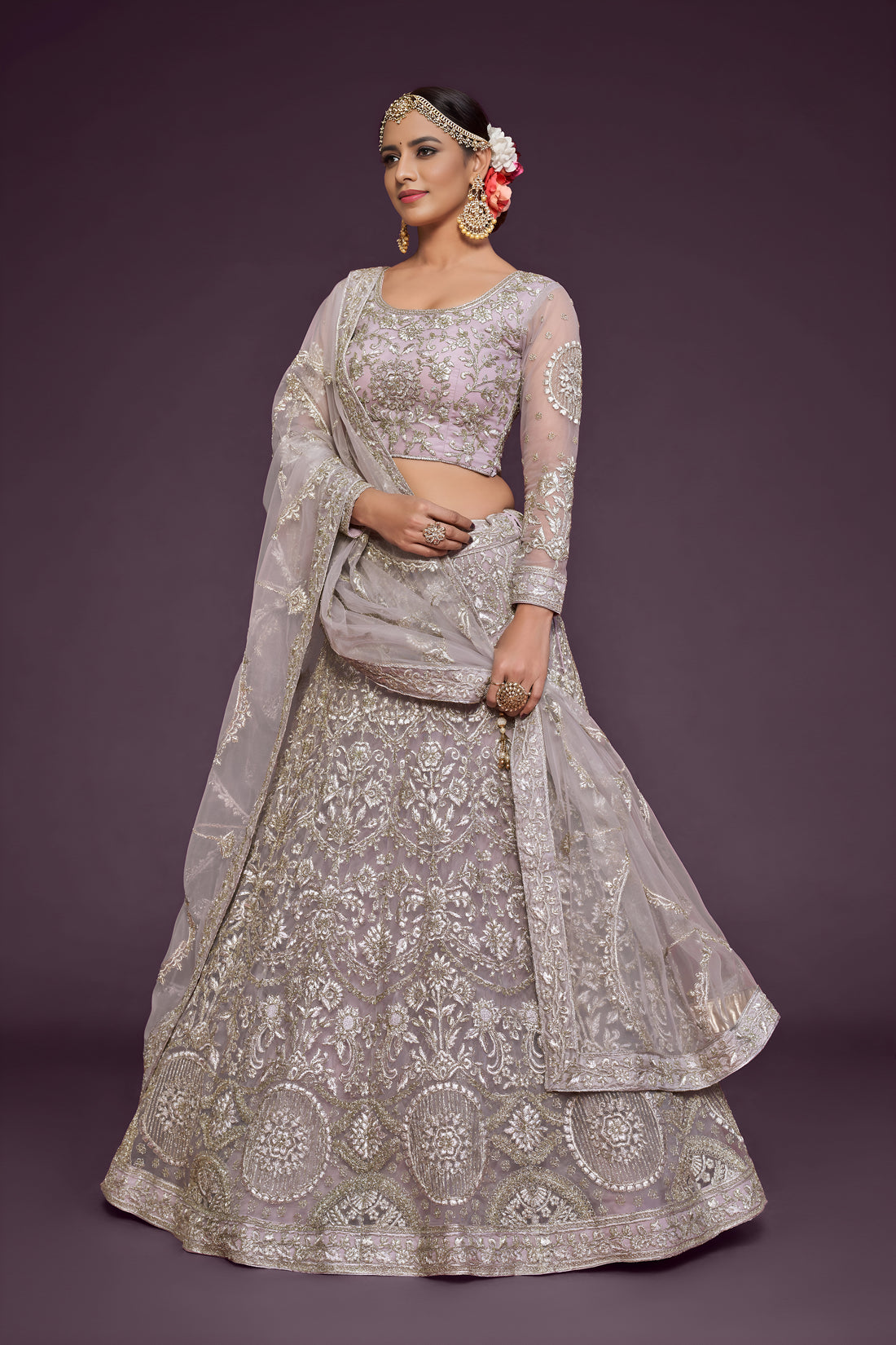Mauve Grey Heavy Embroidered Bridal Lehenga Choli with Dupatta