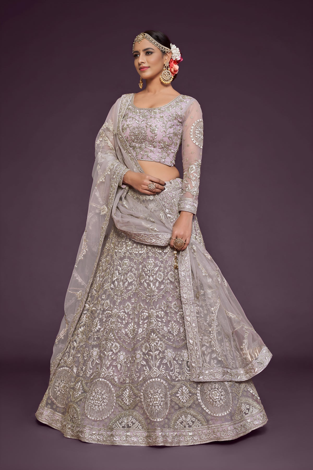 Mauve Grey Heavy Embroidered Bridal Lehenga Choli with Dupatta