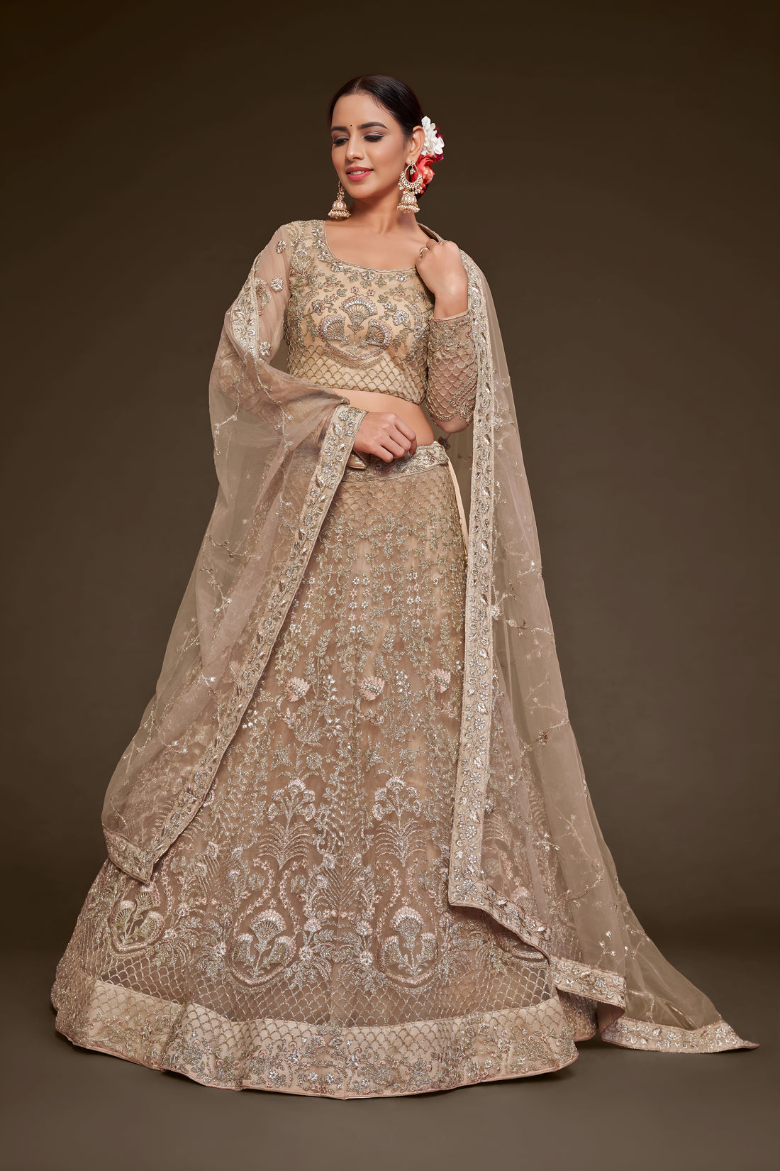 Champagne Beige Heavy Embroidered Bridal Lehenga Choli with Dupatta