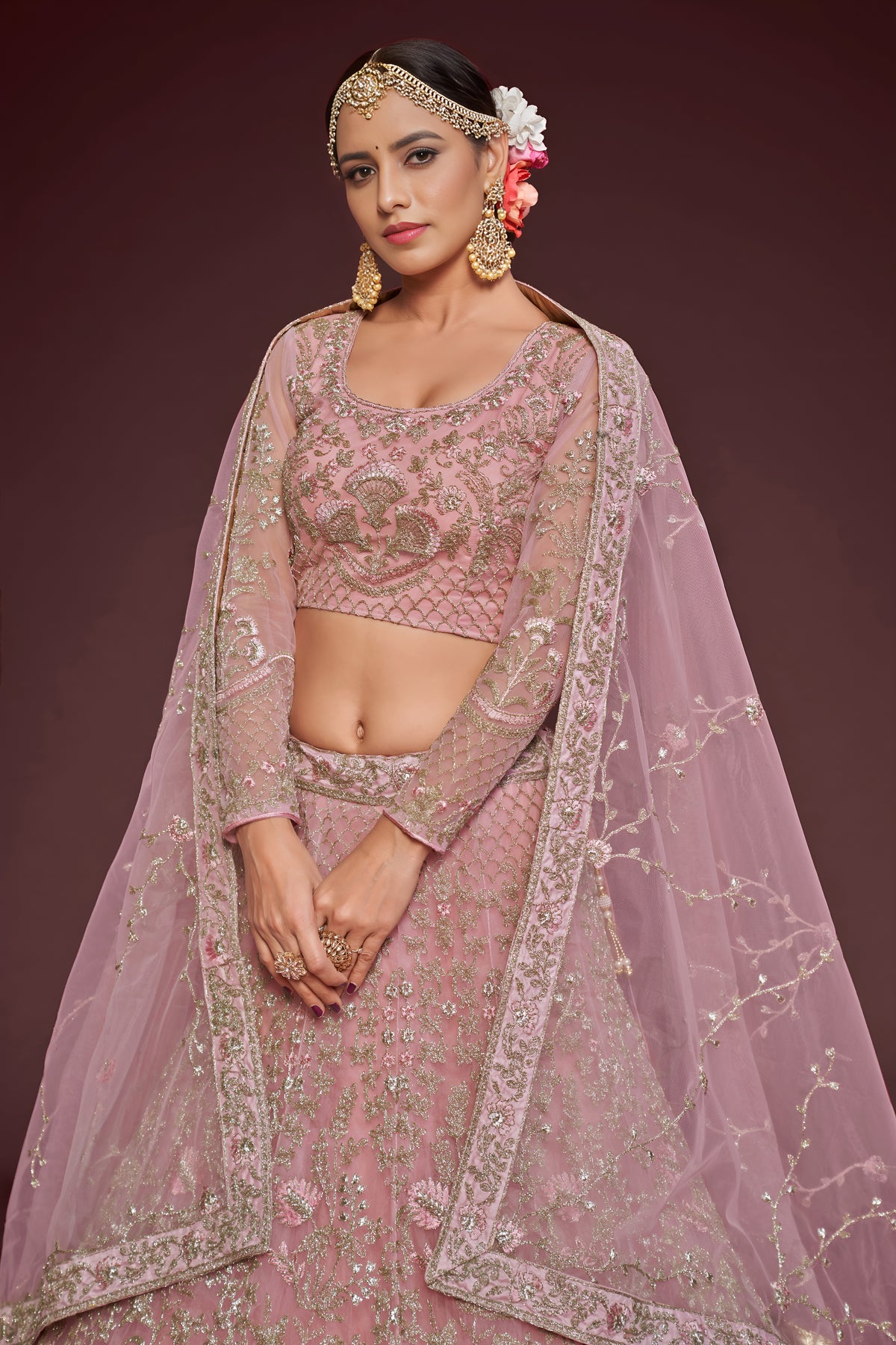 Dusty Pink Heavy Embroidered Bridal Lehenga Choli with Dupatta