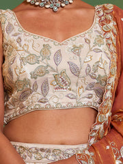 Ivory Gold Embroidered Bridal Lehenga Choli with Rust Orange Dupatta