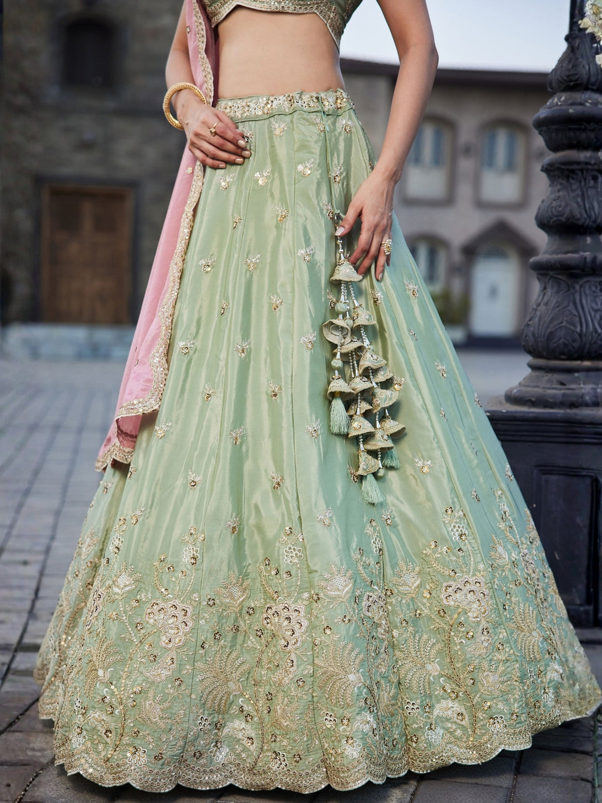 Pastel Mint Green Embroidered Bridal Lehenga Choli with Pink Dupatta