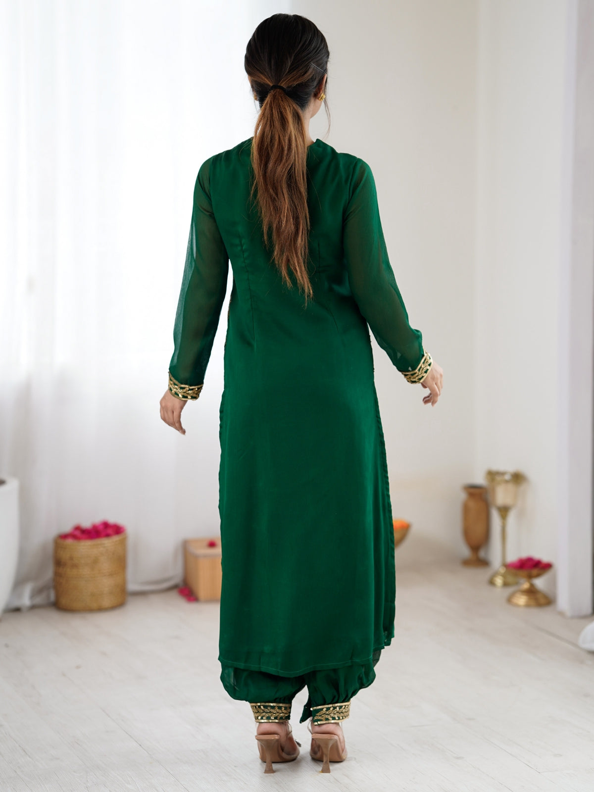 Emerald Green Embroidered Kurta Pant Set for Women