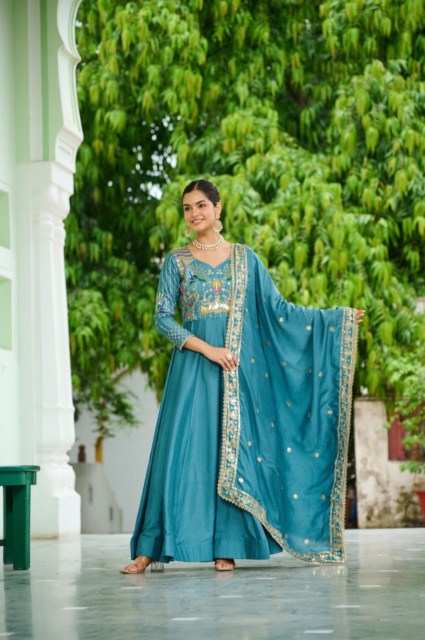 Graceful Sequins & Zari Embroidered Vichitra Silk Gown