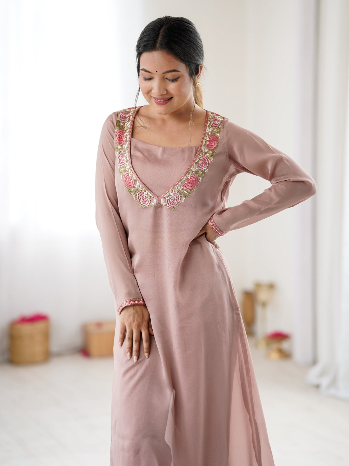 Dusty Pink Embroidered Straight Kurta Pant Set