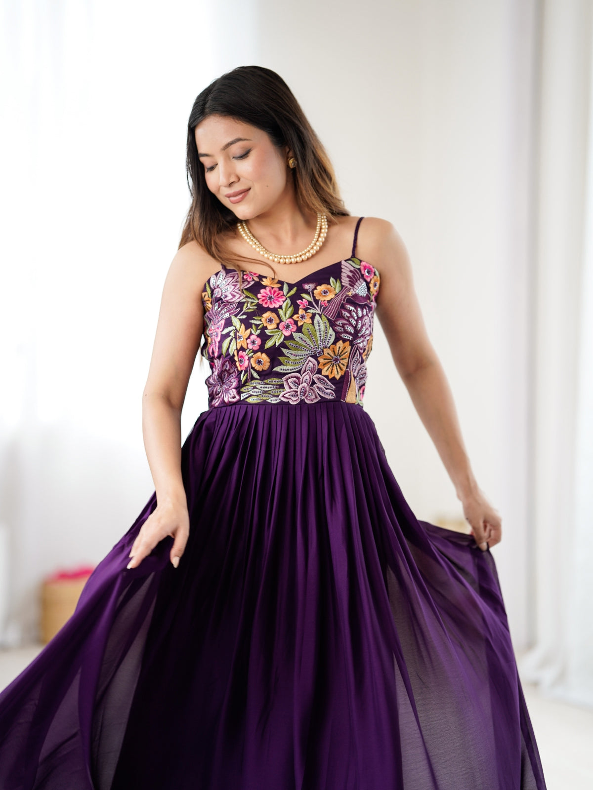Purple Floral Embroidered Strappy Maxi Gown