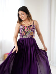 Purple Floral Embroidered Strappy Maxi Gown