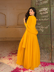 Mustard Yellow Anarkali Gown with Embroidered Waistline and Matching Dupatta