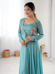 Teal Blue Embroidered Anarkali Gown with Tassel Detailing