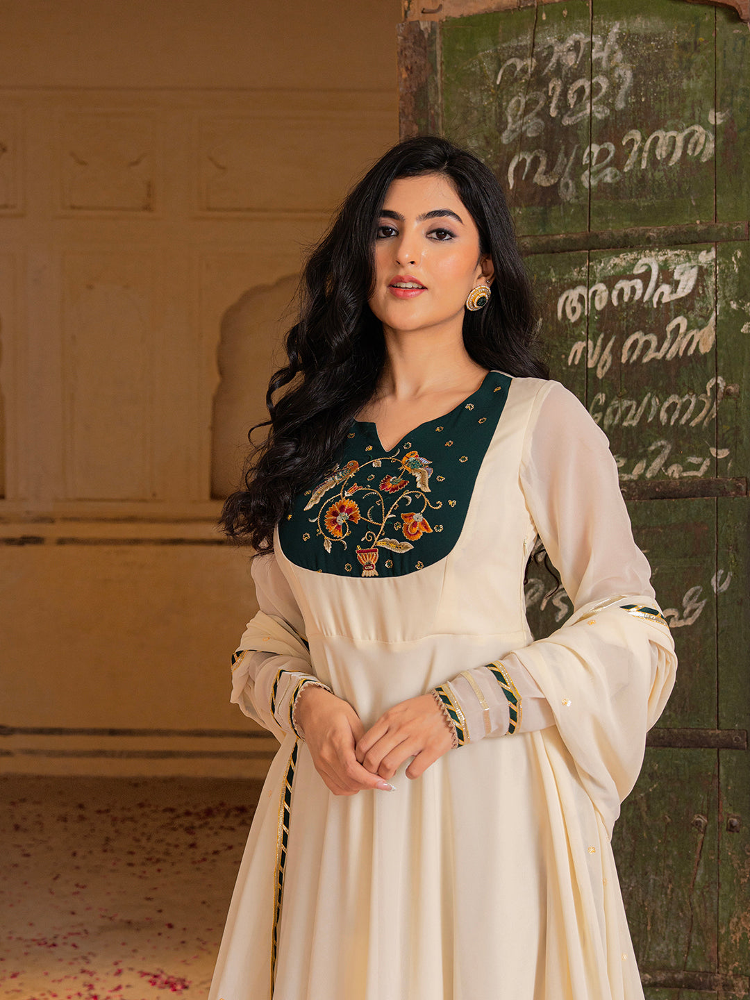 Ivory Georgette Embroidered Anarkali with Dupatta