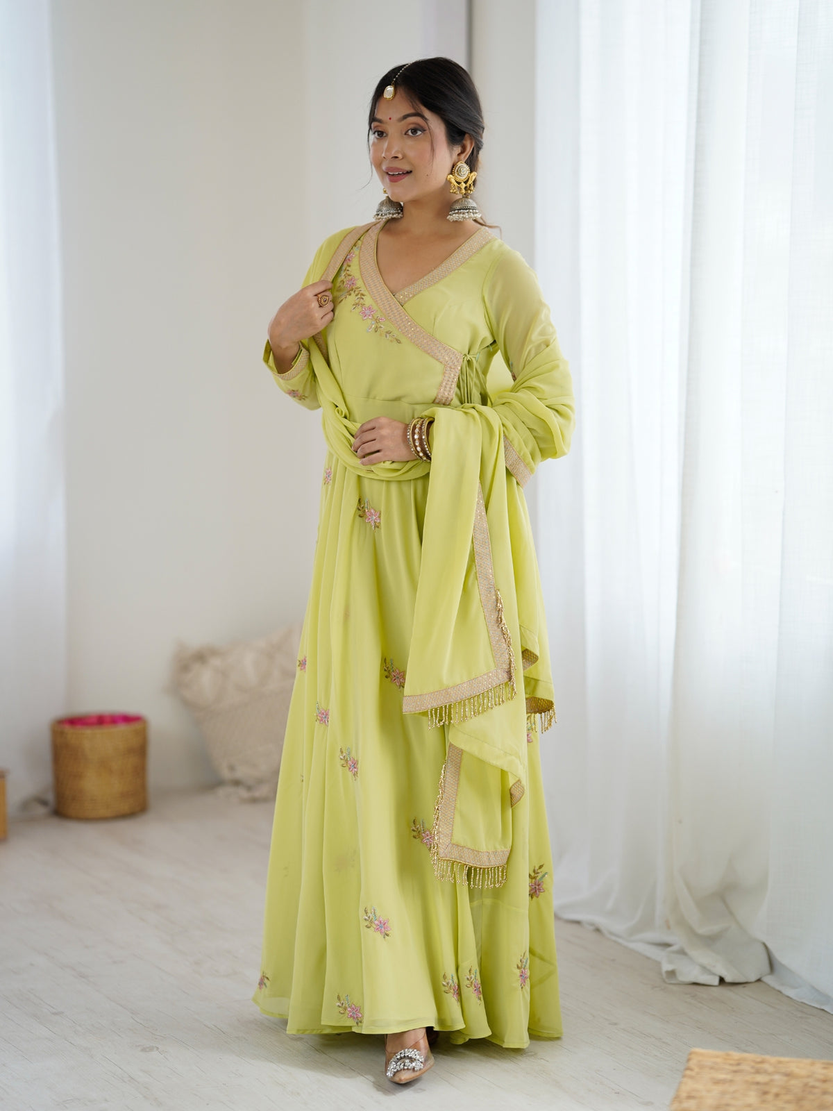 Lime Green Embroidered Anarkali Suit with Dupatta for Women
