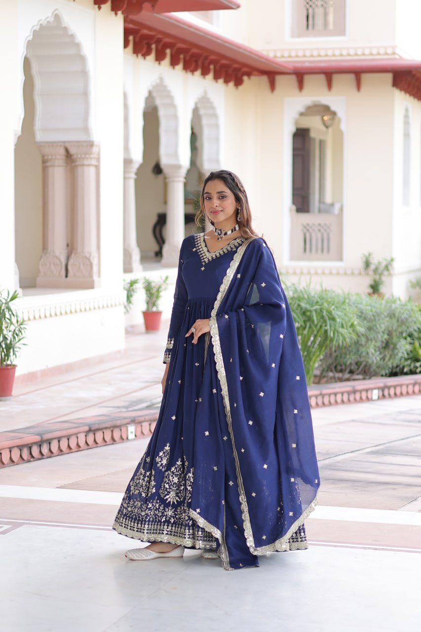 Luxury Sequins Embroidered Vichitra Silk Gown Set