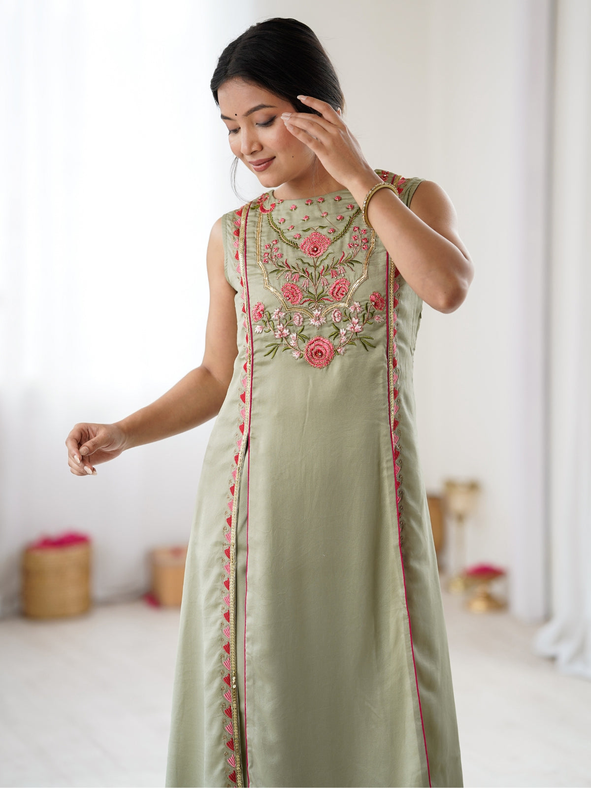 Green Embroidered Straight Kurta Set with Pink Floral Work