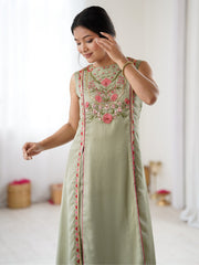Green Embroidered Straight Kurta Set with Pink Floral Work