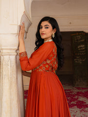 Rust Orange Anarkali Gown with Gold Embroidery and Matching Dupatta