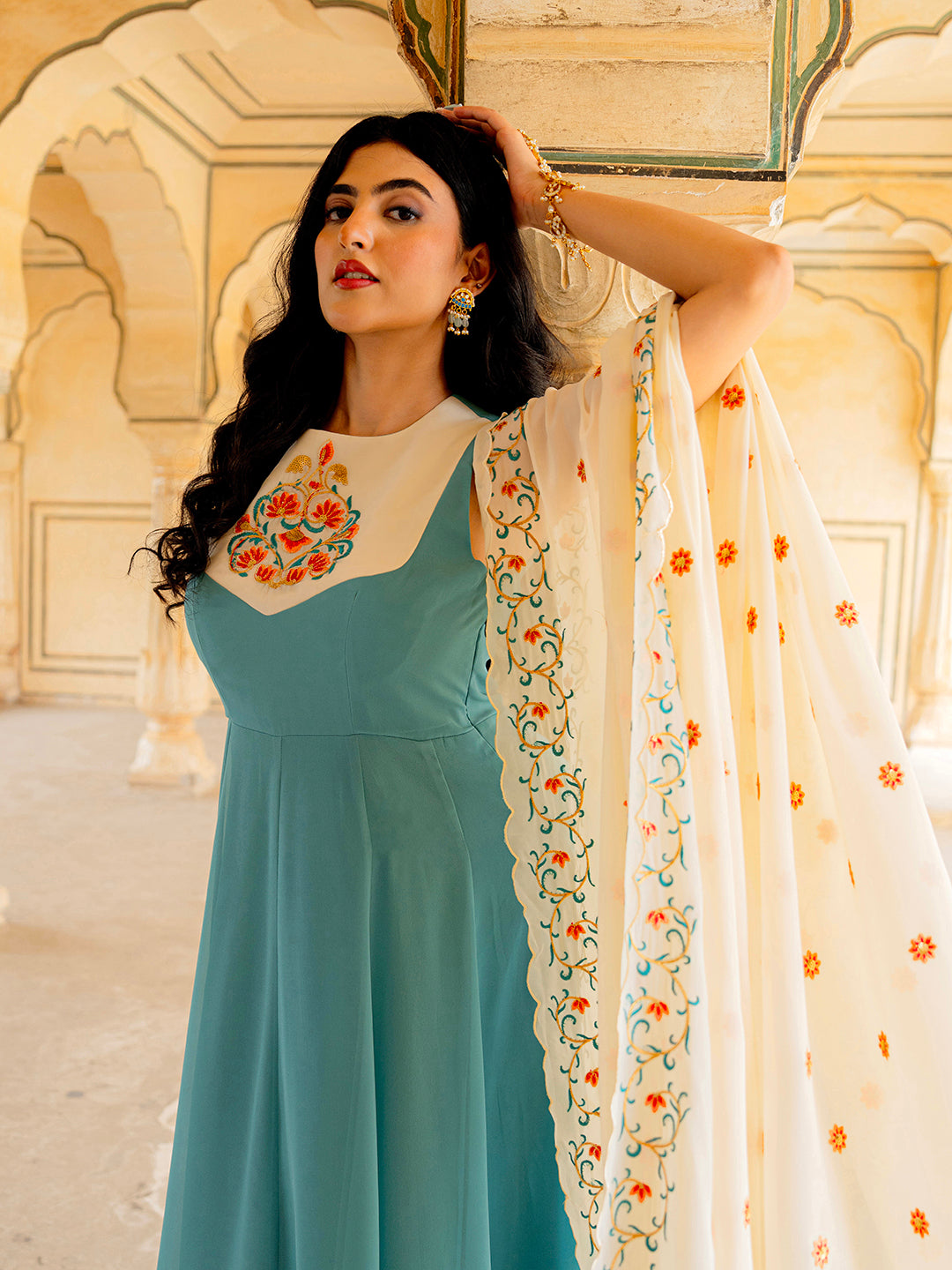Teal Blue Georgette Embroidered Anarkali Gown with Dupatta