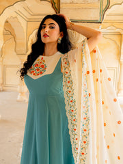 Teal Blue Georgette Embroidered Anarkali Gown with Dupatta
