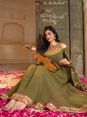 Olive Green Georgette Embroidered Anarkali with Dupatta