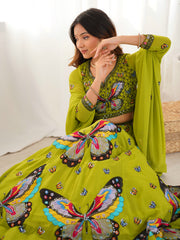 Olive Green Butterfly Print Embroidered Lehenga Choli Set