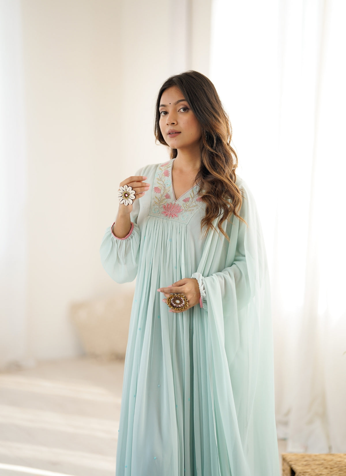 Pastel Mint Green Embroidered Anarkali Gown for Women