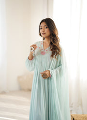 Pastel Mint Green Embroidered Anarkali Gown for Women