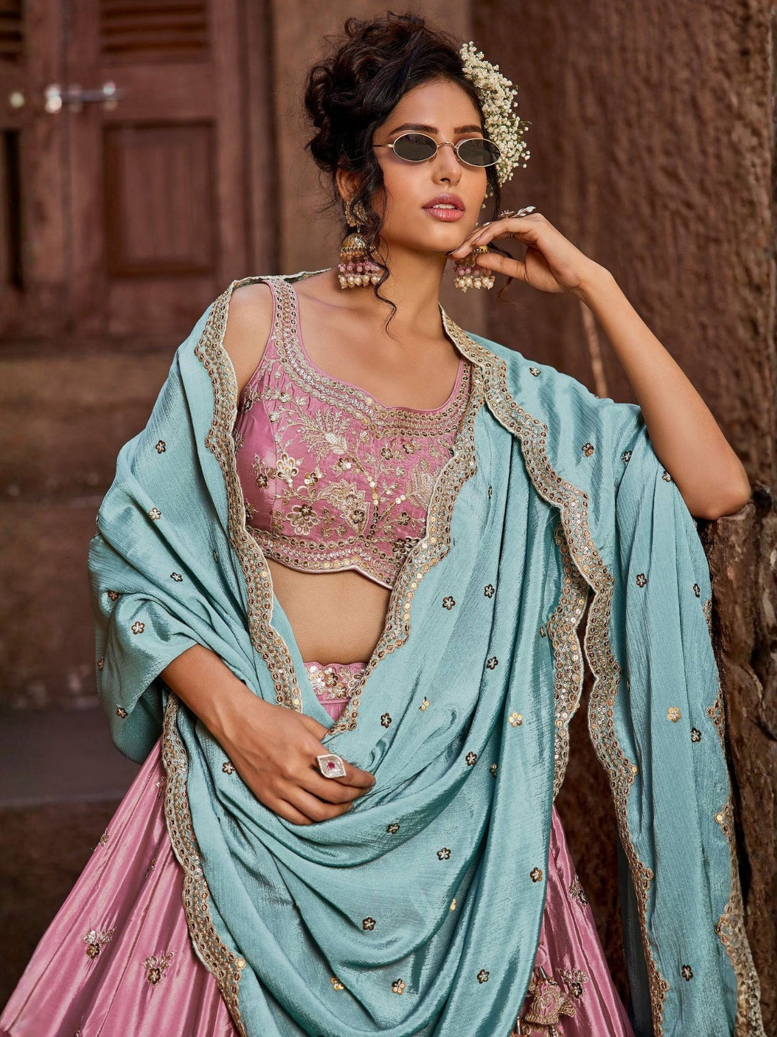 Pink Embroidered Lehenga Choli with Aqua Blue Dupatta – Bridal Party Wear Set